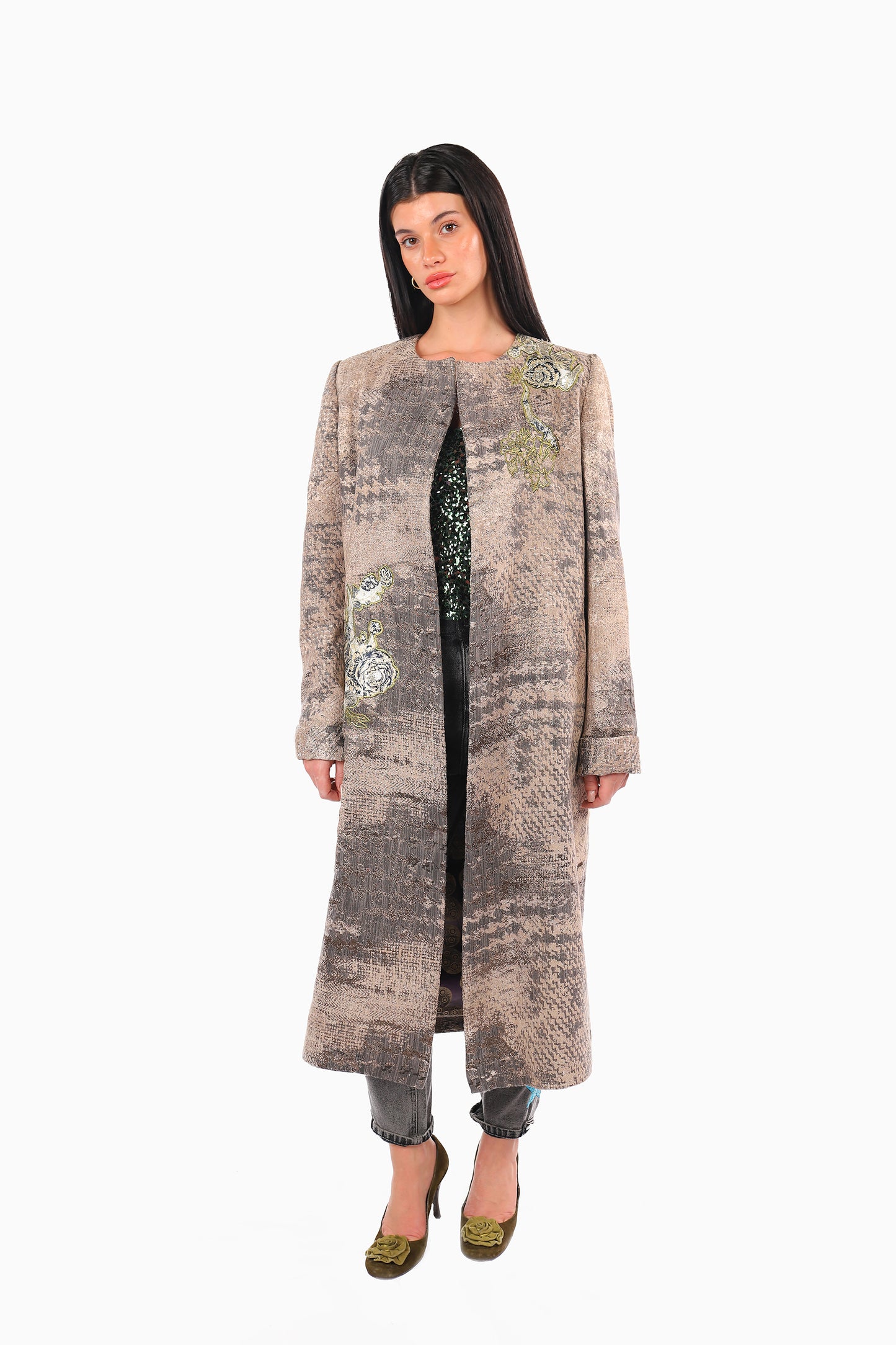 Light Grey Floral Motif Coat