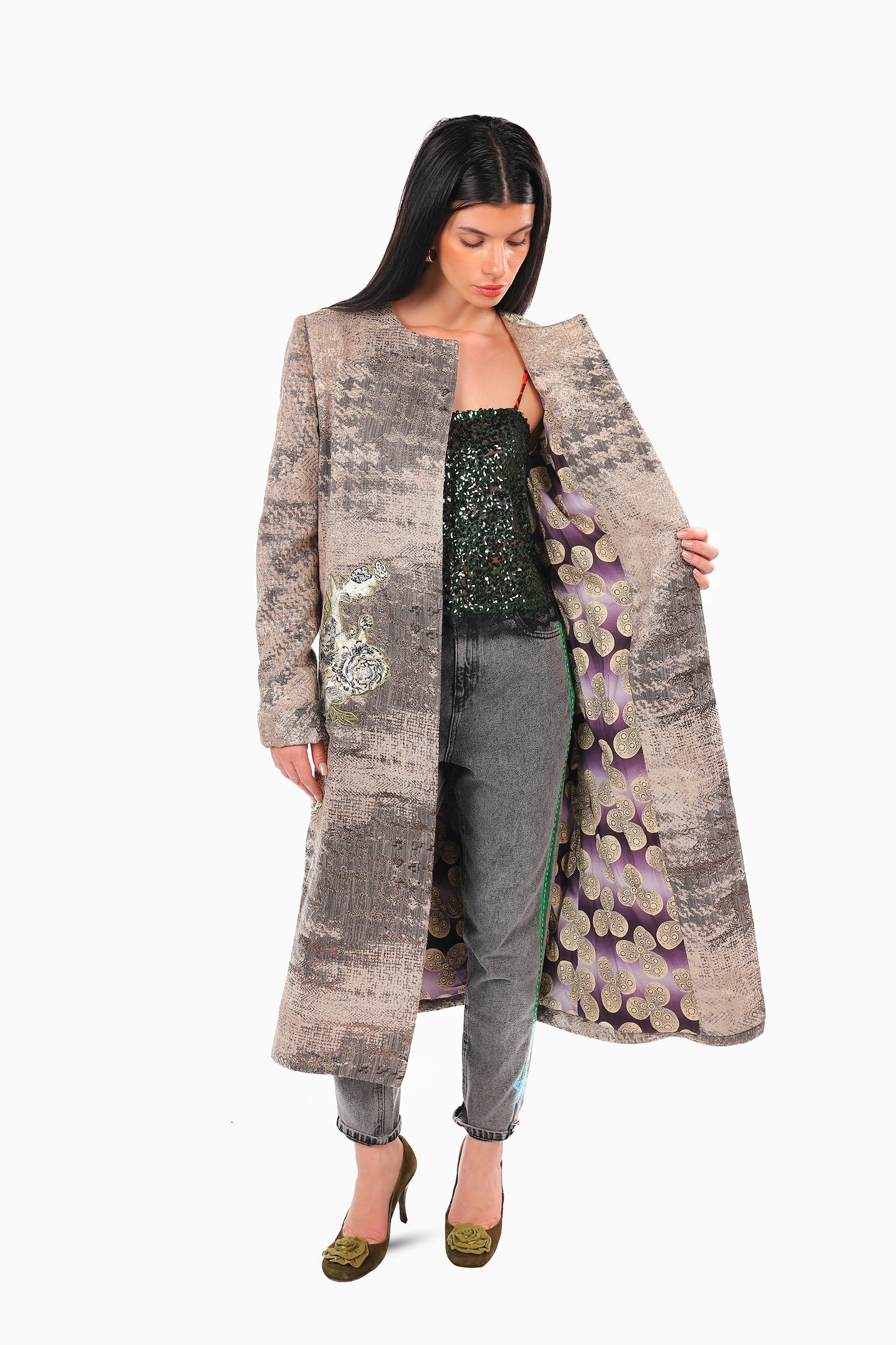 Light Grey Floral Motif Coat