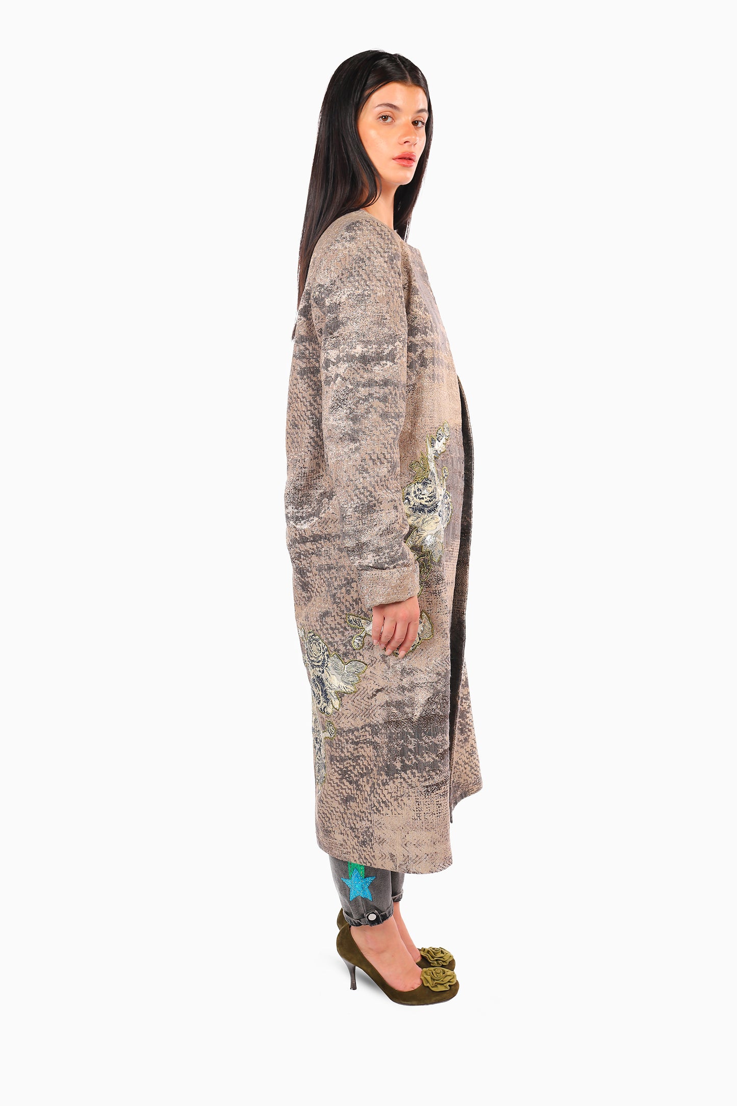 Light Grey Floral Motif Coat