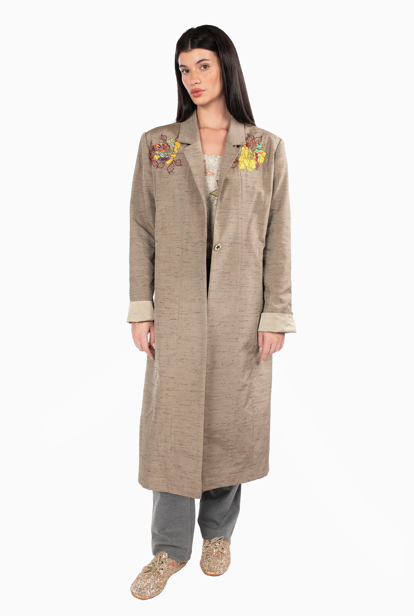 Tiger Coat With Golden Matte Blue and Silver Embroidery