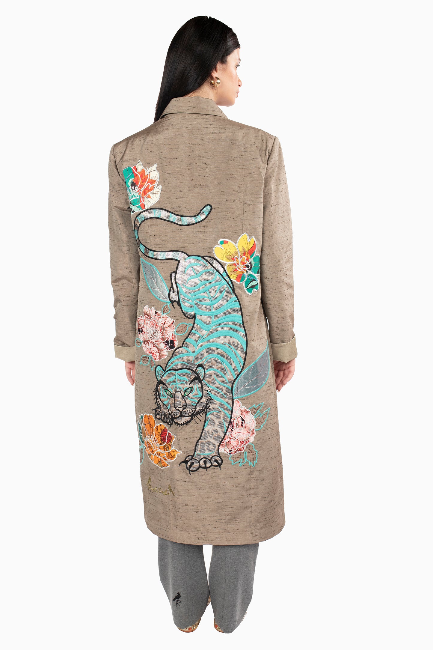 Tiger Coat With Golden Matte Blue and Silver Embroidery