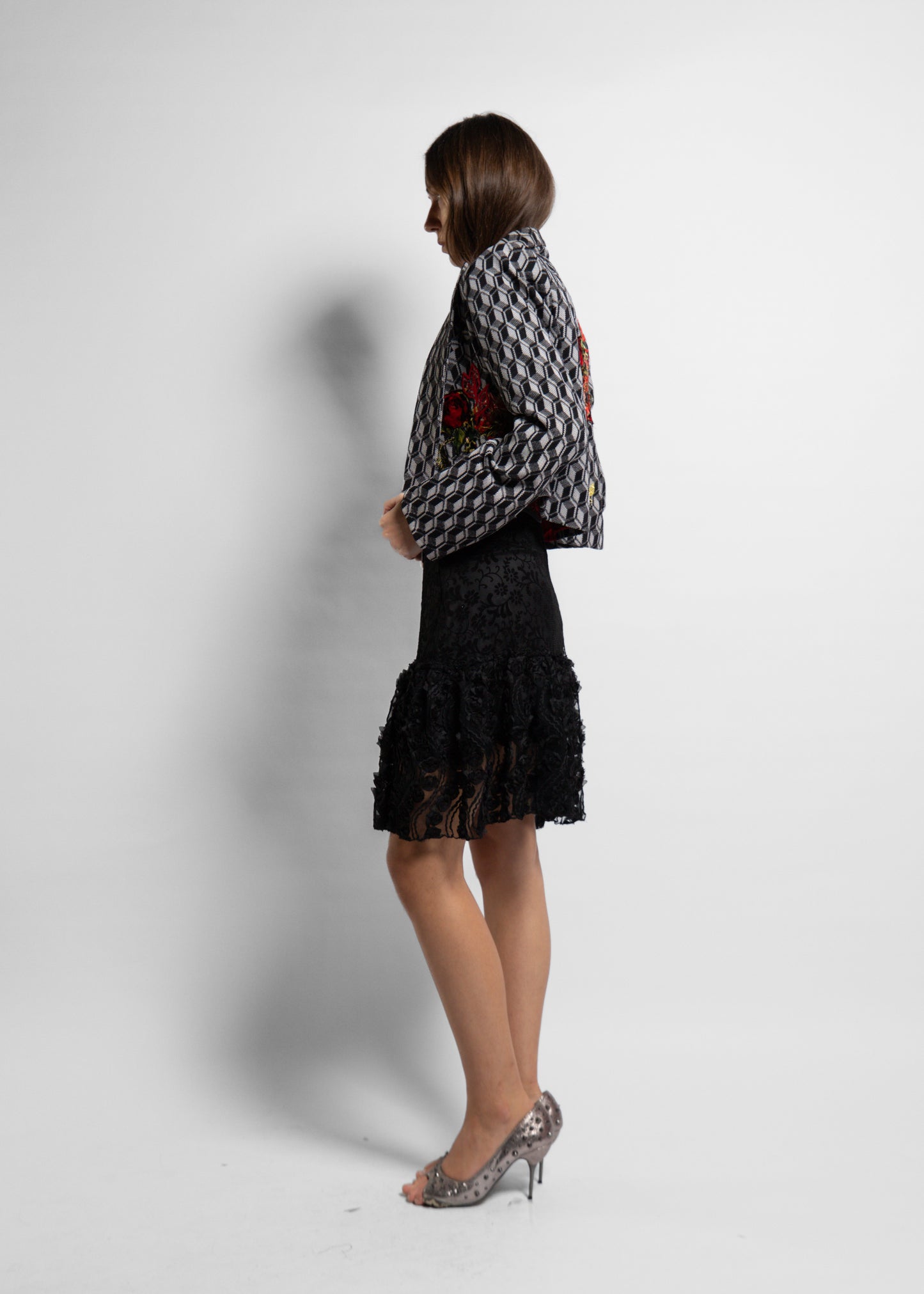 Black Floral Dentelle short Skirt