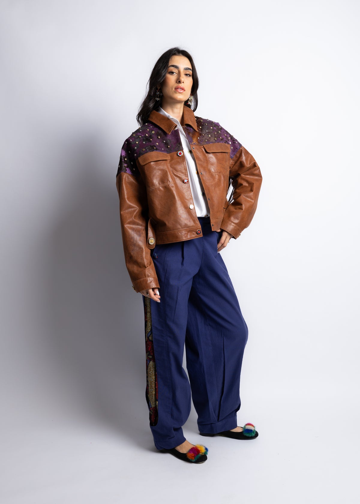 Brown&Purple Leather Jacket Fringes