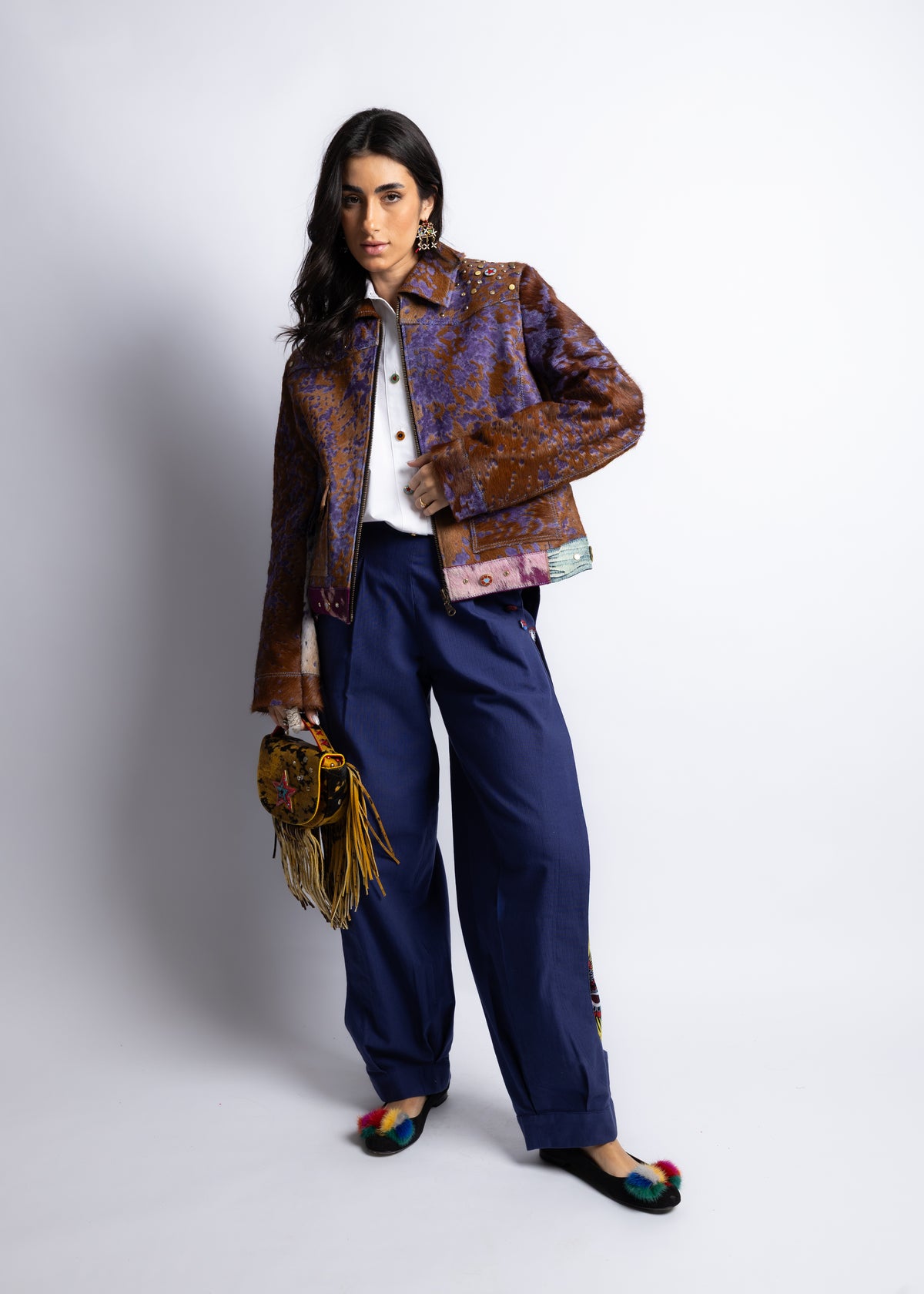 Brown&Purple Leather Jacket Fringes