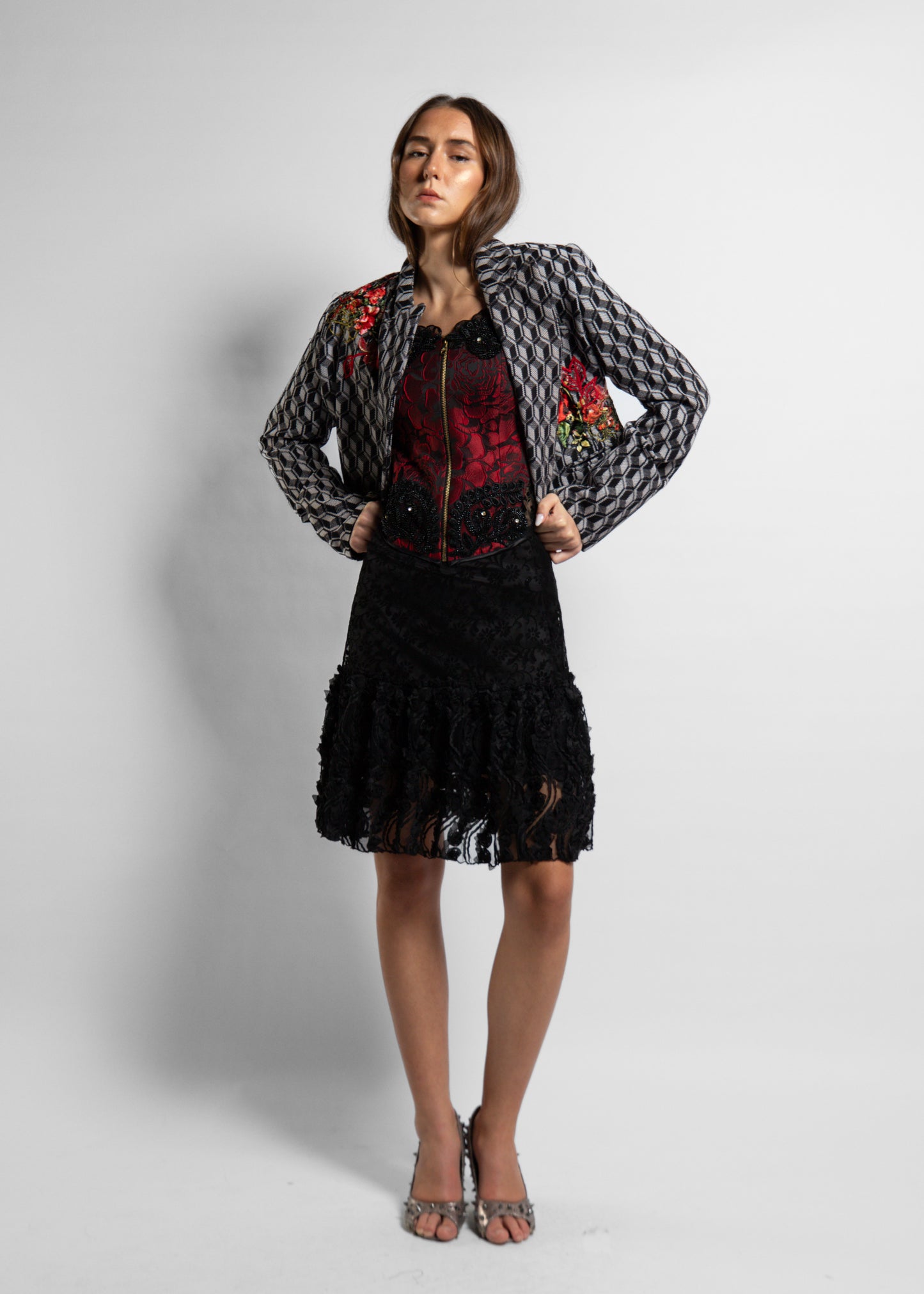 Black Floral Dentelle short Skirt