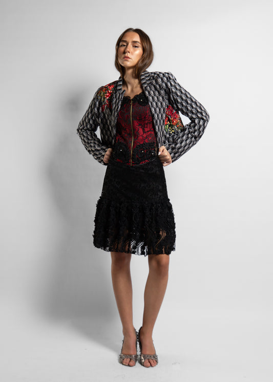 Black Floral Dentelle short Skirt