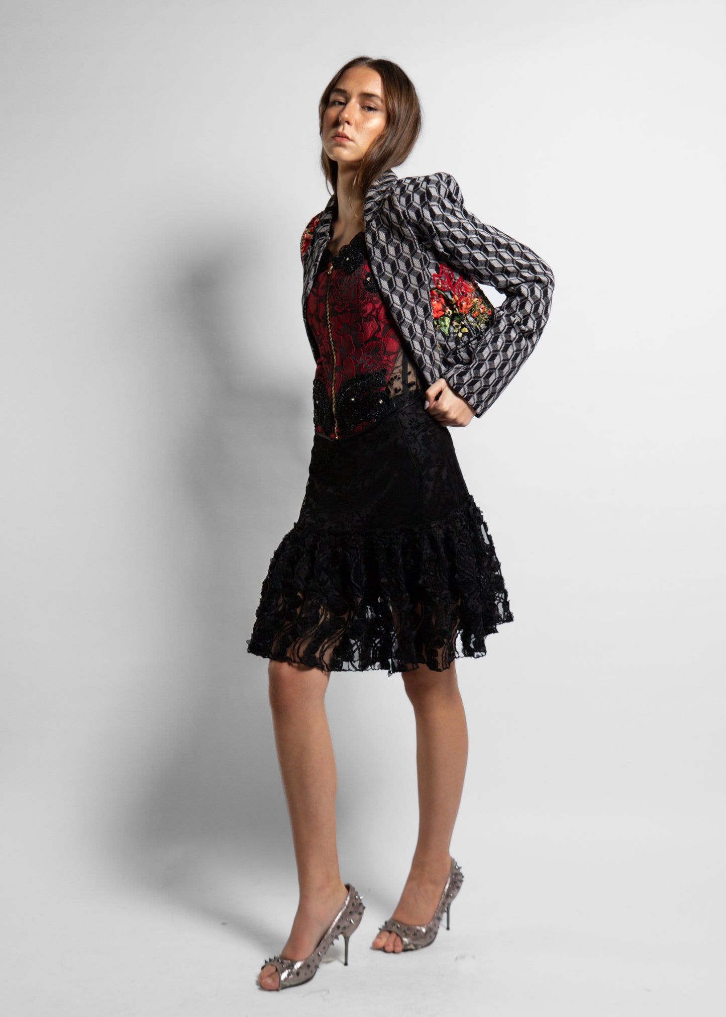 Black Floral Dentelle short Skirt