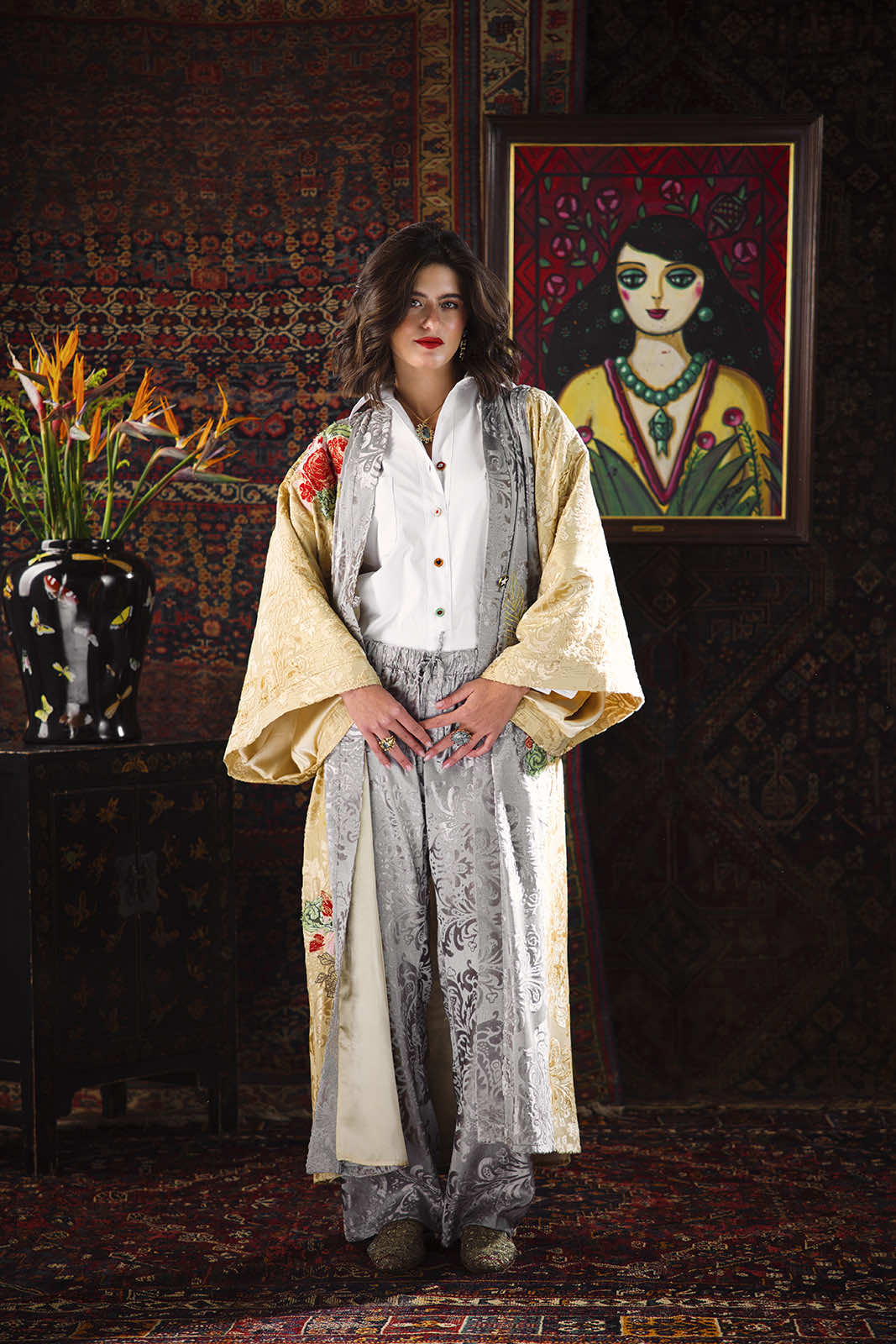 Floral Collage Velvet Kimono Set