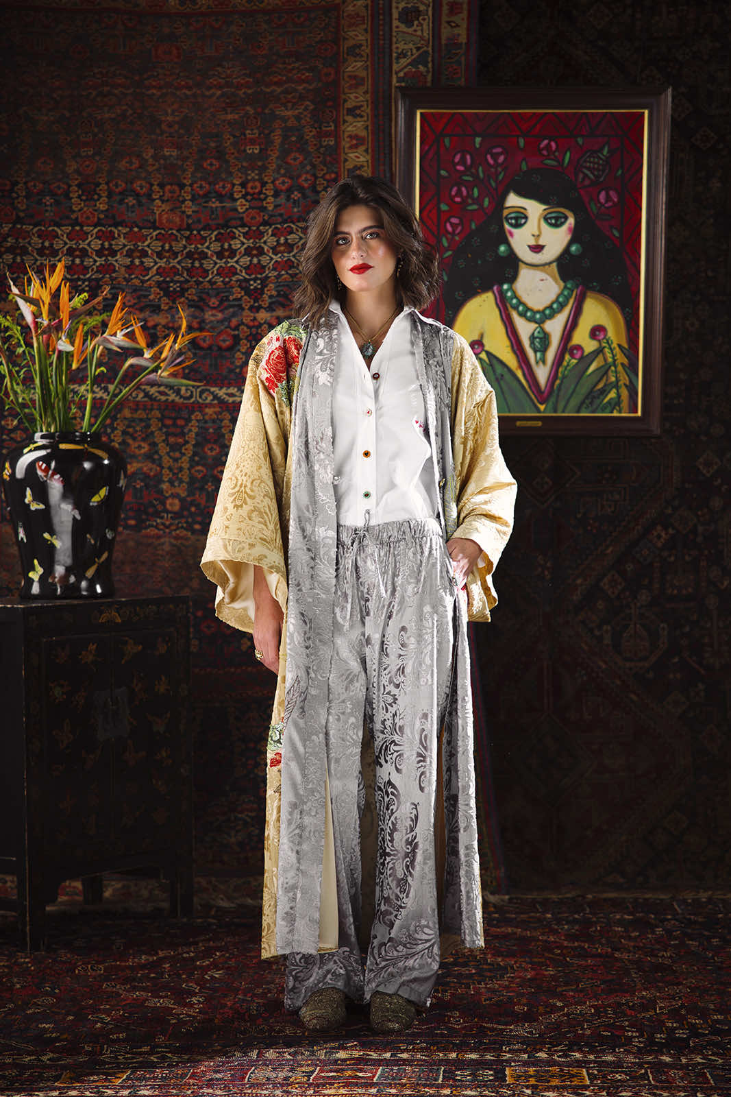 Floral Collage Velvet Kimono Set