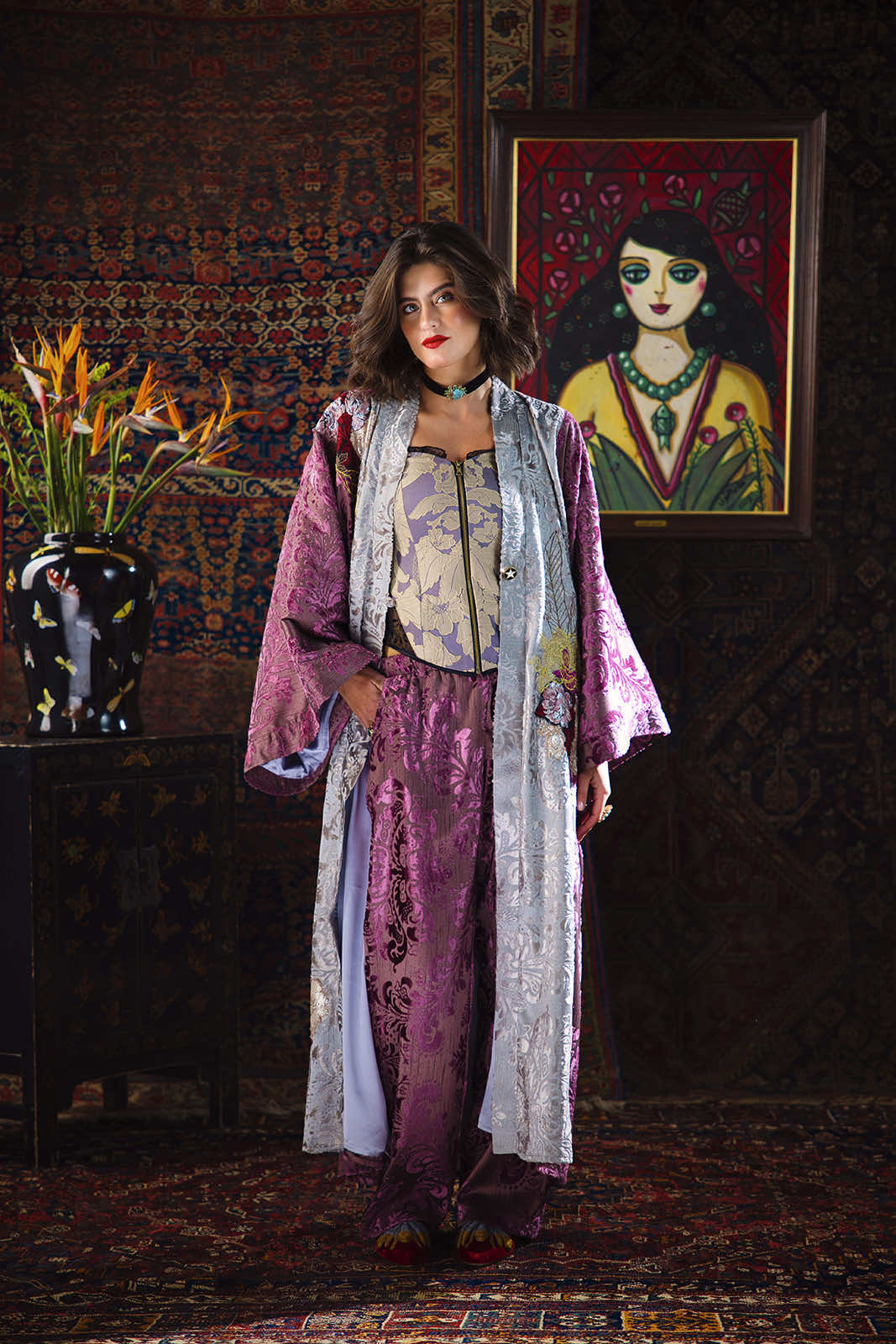 Floral Collage Velvet Kimono Set