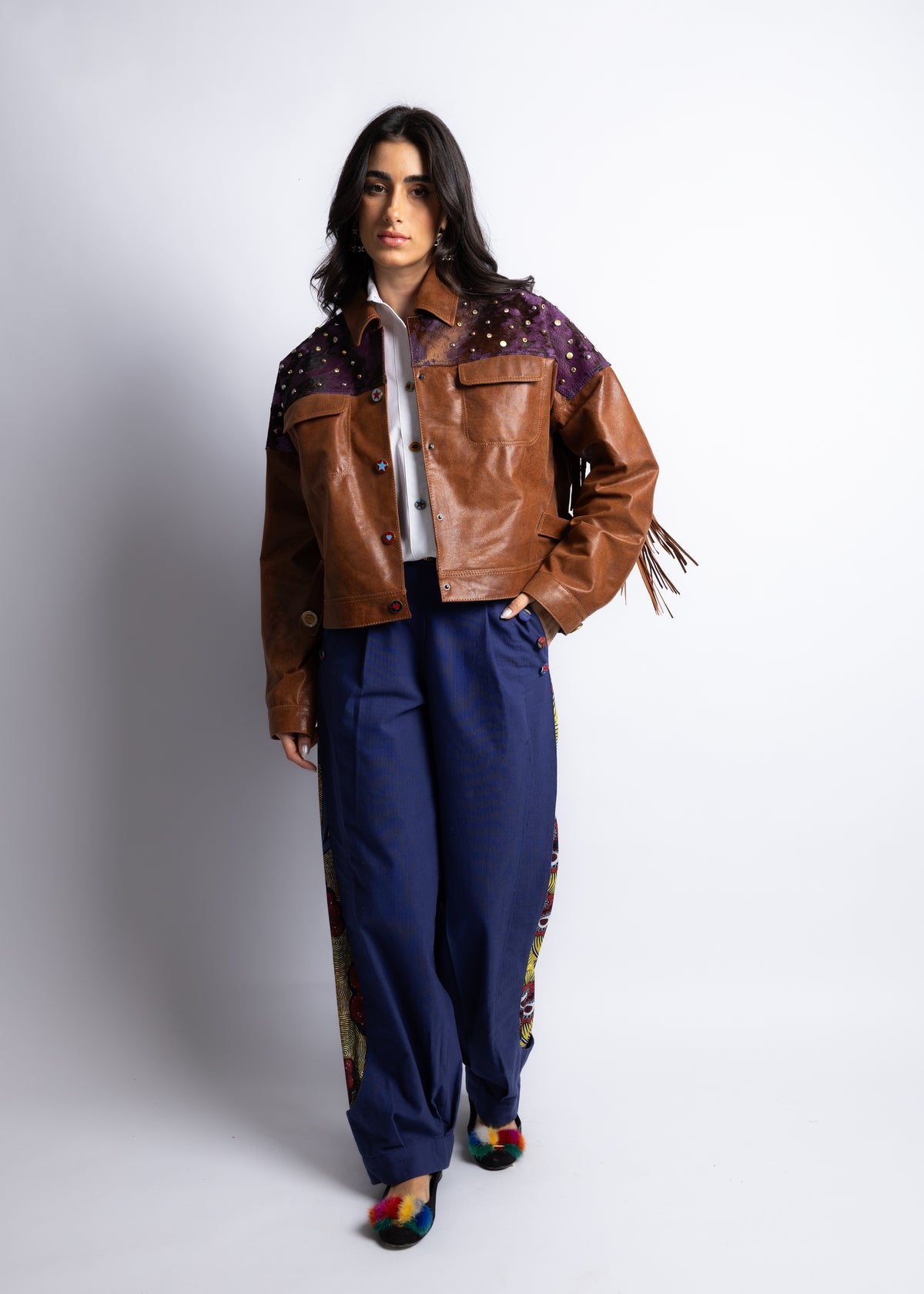 Brown&Purple Leather Jacket Fringes