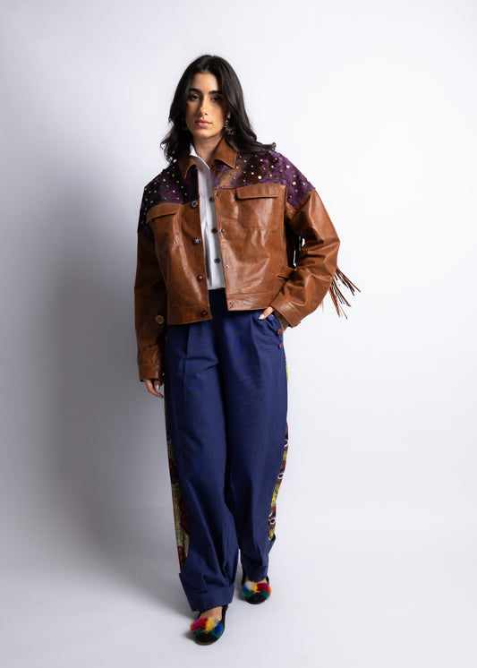 Brown&Purple Leather Jacket Fringes